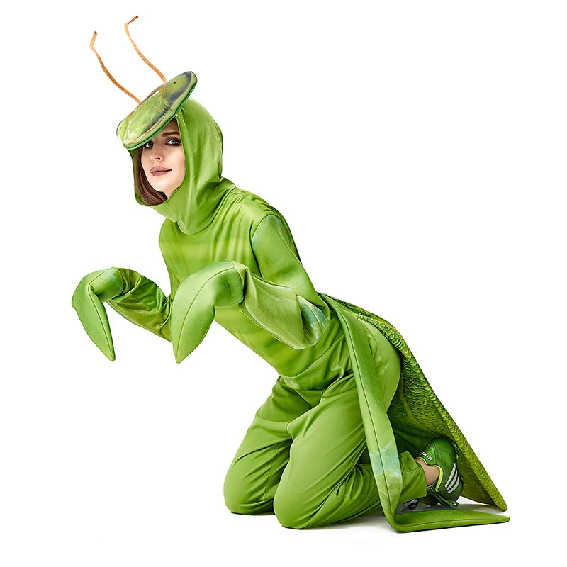 Disfraz de Mantis para hombres y mujeres, traje verde de parque de atracciones, mono de insectos realista para Halloween, fantasía, Purim