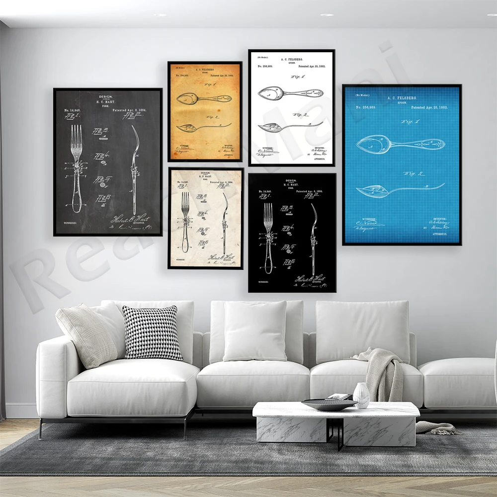 Spoon 1882, Fork 1884 Patent Print, Wall Art Poster Kitchen and Dining Room Blueprint Gift