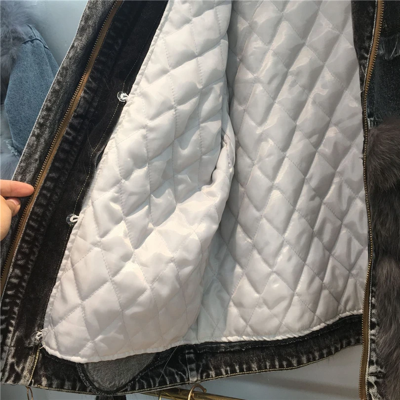 2023 winter new chic patchwork real fox fur denim jacket female thick warm fur parka metal buttons raw edge chain padded jacket