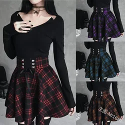 Gothic Lolita Skirt Women Ladies Winter Black Red Plaid Pleated Ball Gown 2019 Summer High Waist Lace Up Wool Skirt Plus Size