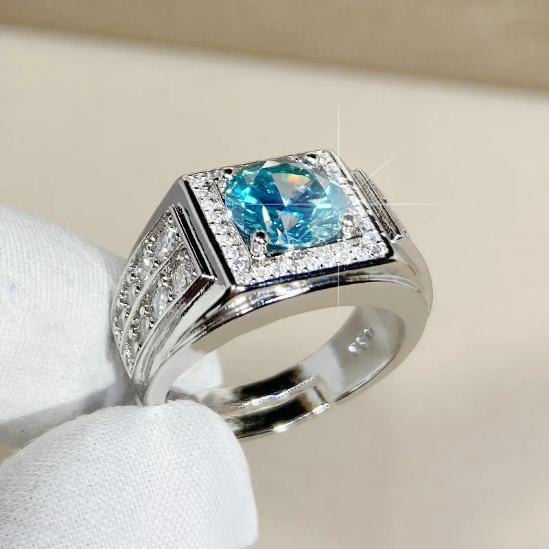 Men Ring Silver 925 Finger Accessories For Wedding Charming Bright Crystal Blue Square Ring Male Jewelry Adjustable