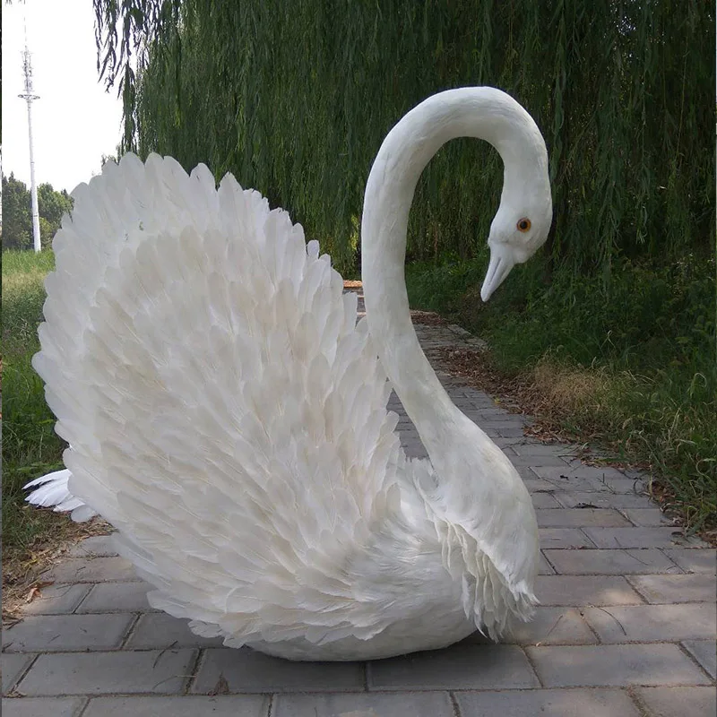 large 80x70cm white feathers swan model lifelike toy wings swan bird handicraft prop,home garden decoration Xmas gift w0081