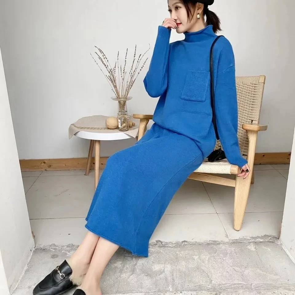 Spring Autumn The Drape Knitting Hip Skirt Suit Sweater Set Women Tracksuit Warm Turtleneck Sweater Pullovers 2 Piece Set Female