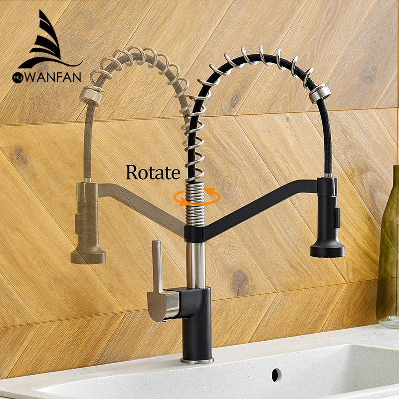 Moderna Nero Lucido e Spazzolato In Ottone Kitchen Sink Faucet Pull Out Singola Maniglia Girevole Beccuccio Vessel Sink Mixer Tap 9013RSN