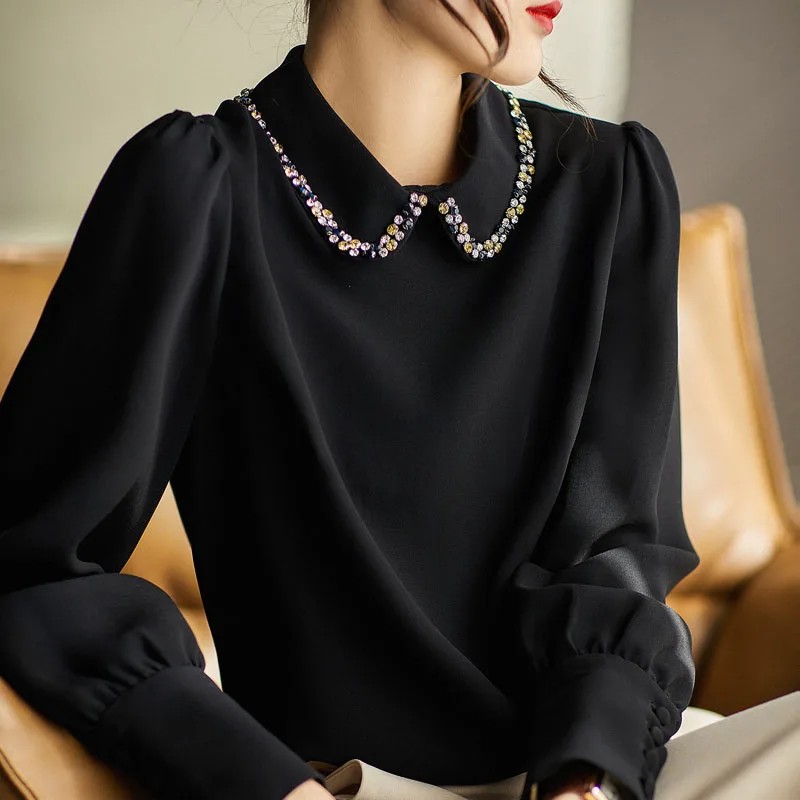 Fashion Doll Collar Frenvh Elegantes Blouse for Women Long Sleeve Shirt Femme Black Office Wear Ladies Tops Diamonds Solid 1553