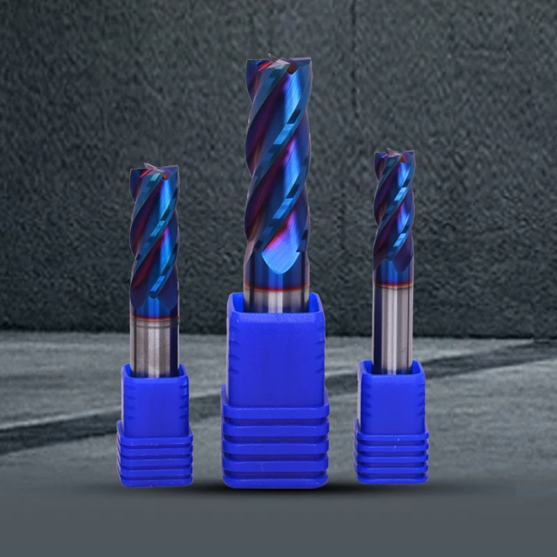 Brocas de extremo plano de acero de tungsteno HRC70, revestimiento azul Nano, Herramientas CNC, cortador de fresado, broca de fresado de carburo