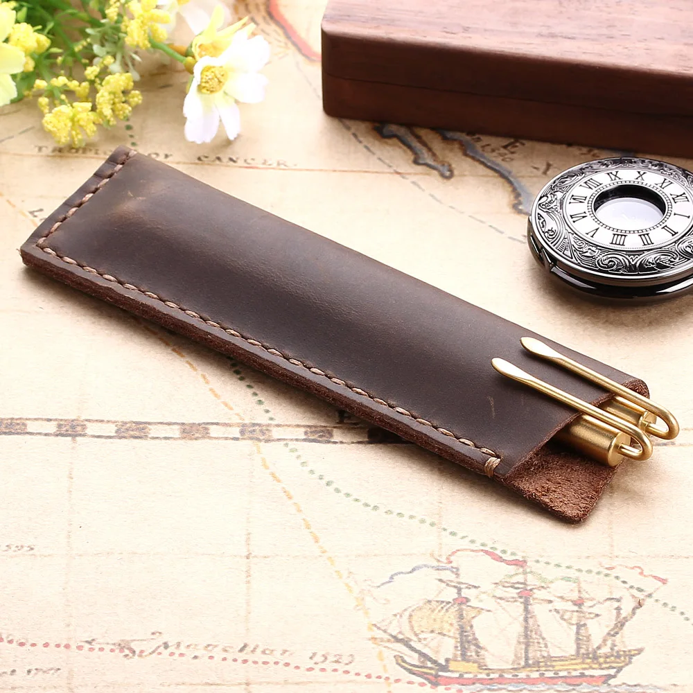 Handmade Genuine Leather Pen Bag Rustic  Holder Case Vintage Retro Style Accessories For Notebook