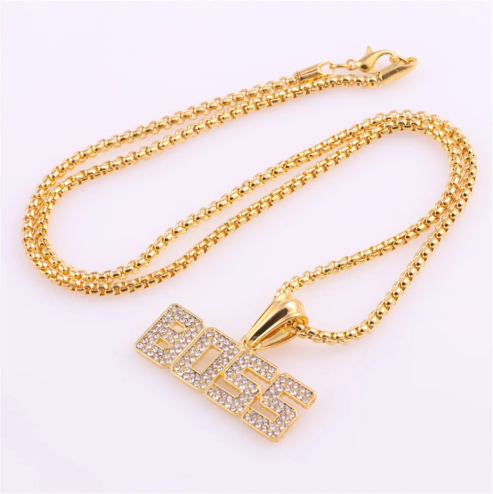 Punk Crystal Letter Boss Pendant  Gold Color Long Cuban Chain Necklace Hip Hop Choker Jewelry for Men Women