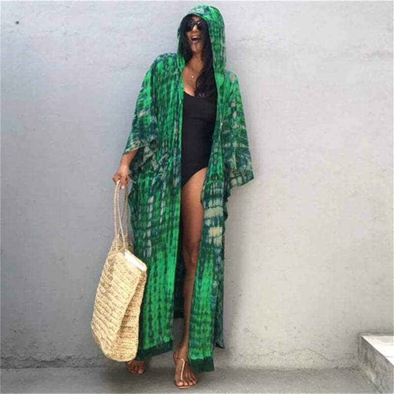 2021 Women Bikini Cover-ups Hooded Cardigan Loose Beach Holiday Sunscreen Beach Bikini Cover Up Summer Kimono Dress