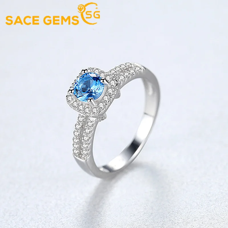 

SACE GEMS 100% 925 Sterling Silver 10*10mm Aquamarine Paraiba High Carbon Diamond Rings for Women Sparkling Wedding Fine Jewelry