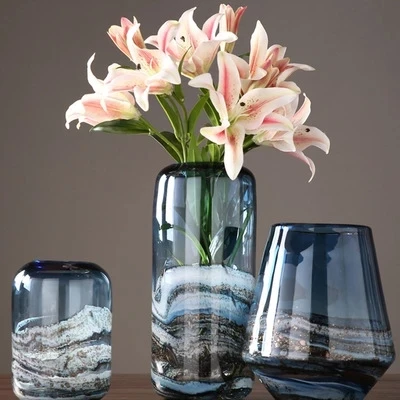 Blue quicksand water ripple glass vase wide mouth light luxury flower stand Nordic home decoration