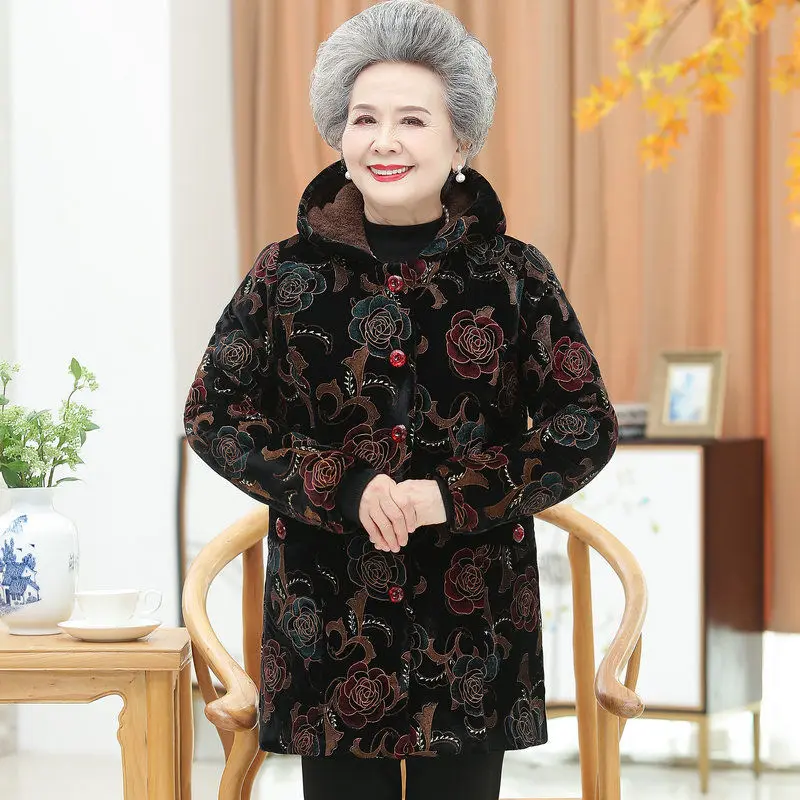 Elderly Women Winter Jacket Coats 5XL Old People Warm Outerwear Thicken Warm Velvet Hooded Parkas Grandmother Parka