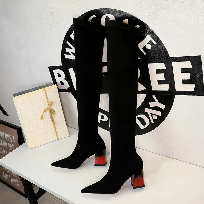 UMMEWALO Over The Knee High Heels Flock Boots Women Fashion Sexy High Heel Winter Boots Ladies Shoes