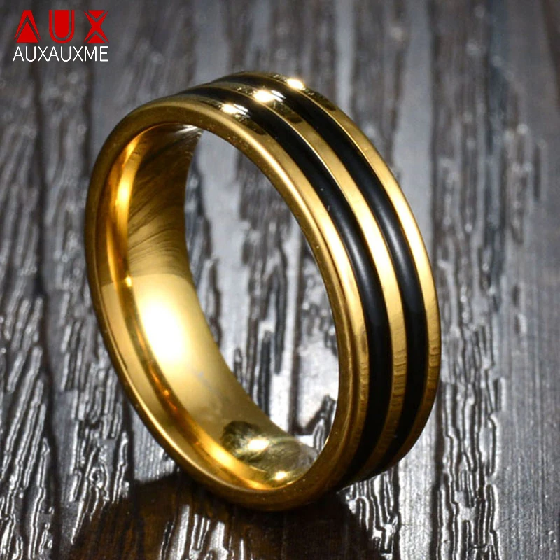 Auxauxme Simple Black Double-Line Glaze Rings Color oro acciaio al titanio per uomo donna gioielli regali Dropshipping