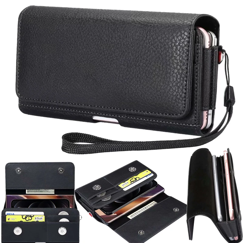 Leather Wallet Case For Samsung S24 Ultra S23 Note20 S22 S20FE Card Waist Pack Belt Clip Bag For iPhone 14 15 Mobile Phone Pouch