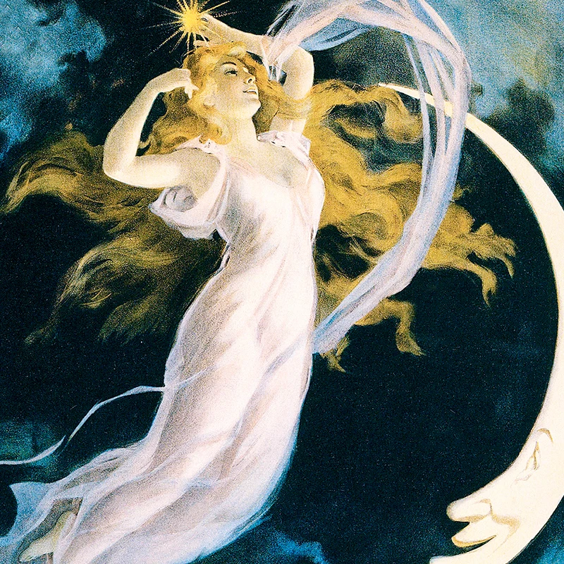 Albert Aublet Moon Goddess Vintage Posters Selene Painting  Antique Beautiful Fairy Sitting On Celestial Luna Canvas Print Decor