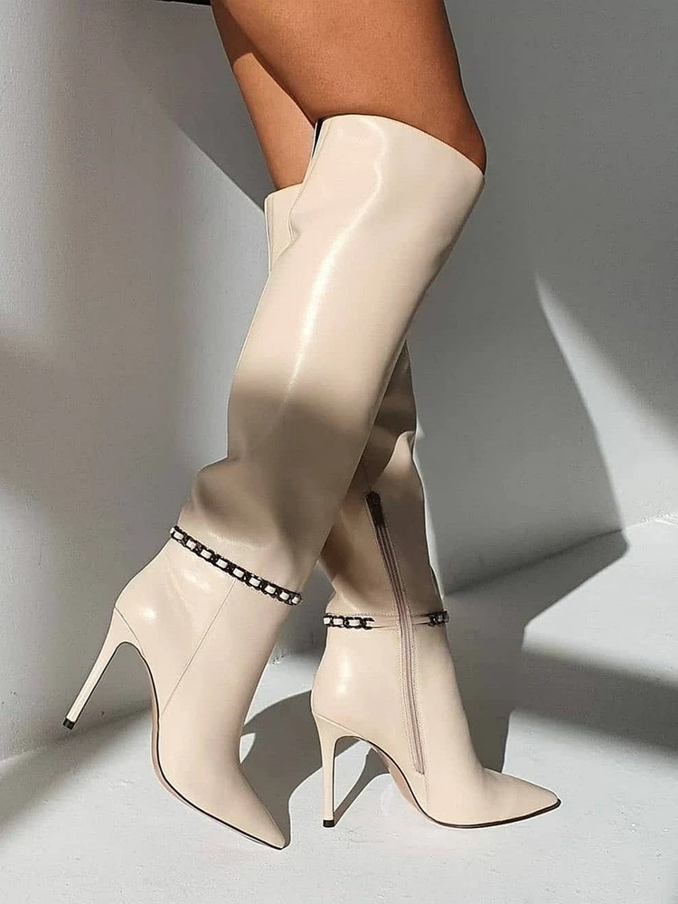 

Stiletto High Heels Boots Metal Decor Beige Leather Knee High Sexy Pointed Toe Winter Women Boots Leather Zipper Dress Boots