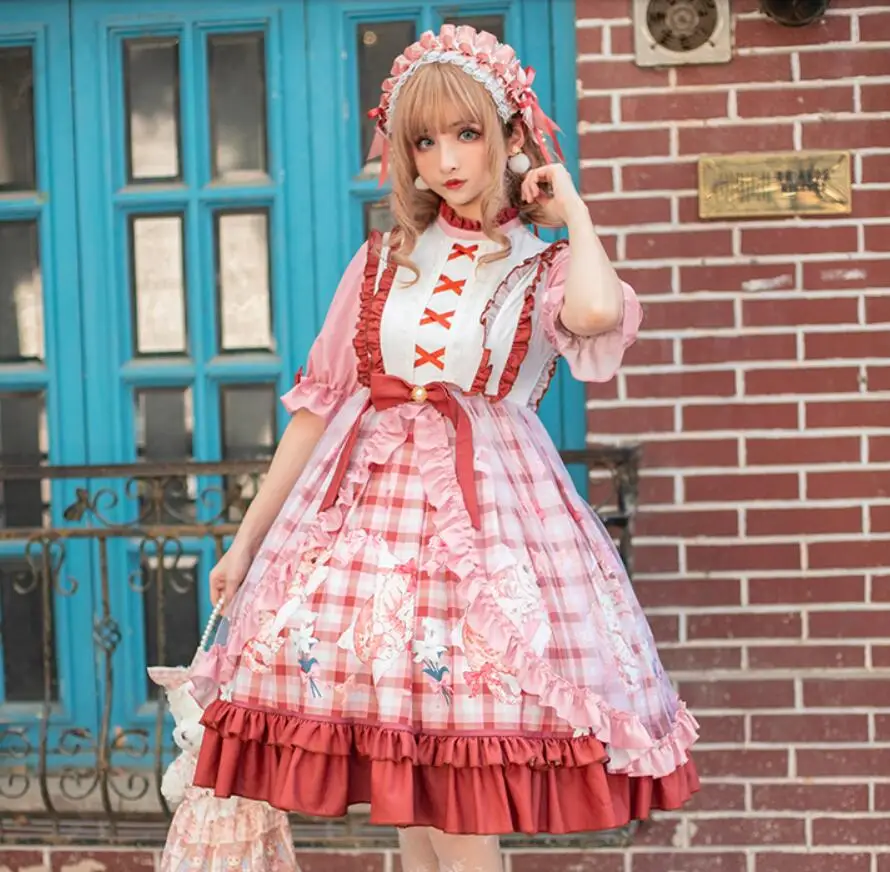 

Japanese Kawaii Lolita Dress Cat Print OP Half Sleeve Pastoral Lolita Dress Cos Loli Vintage Goth Princess Vestidos