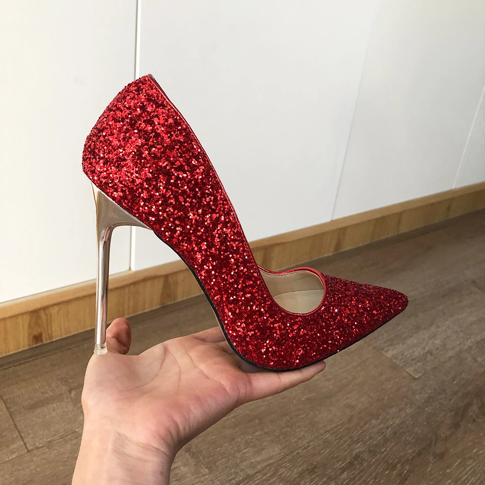 Veowalk Glitter Red Sequins Women 11cm High Heel Stiletto Pumps Pointed Toe Slip On Ladies Party Dress Shoes Plus Size 35-46