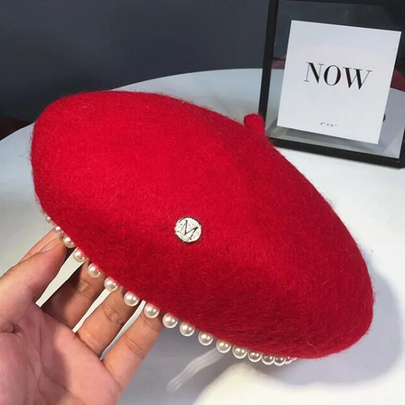 2022 Women\'s Cap Wool Berets Hat Elegant pearl Letter Vintage  Female Warm beret Hats Girls Flat cap beret for women