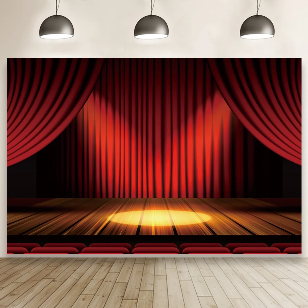 Red Curtain Spotlight Stage Happy Birthday Party Photography Backdrop Baby Shower Portrait Custom Poster Photocall Background