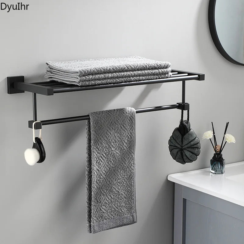 

Space aluminum black bath towel rack bathroom hotel European style double towel rack towel bar rack bathroom accessories