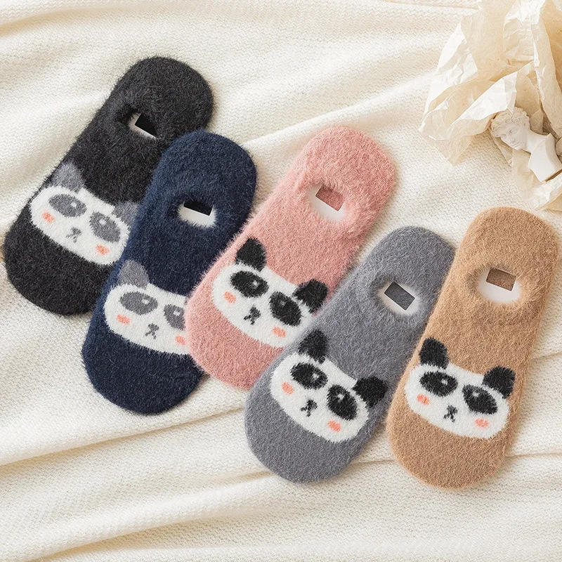 Ladies Socks Women Short thick Invisible Warm Socks Winter Mink cashmere Slippers cartoon Socks Ladies Panda kawaii Ankle Sock