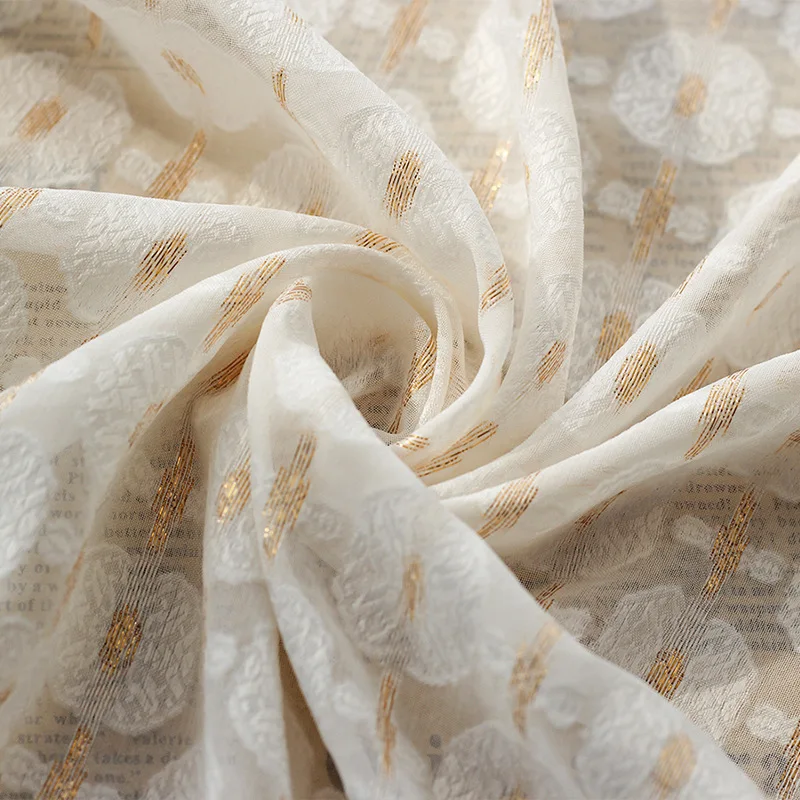 New Gold Silk Cut Flower Jacquard Chiffon Fabric Micro-permeable Non-stretch Tulle Fabric For Clothing Dress,By The Meter