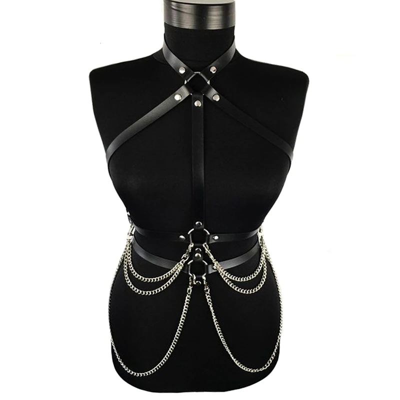 Nieuwe Sexy Vrouwen Bretels Lederen Riem Harajuku Gothic Lingerie Verstelbare Bondage Holografische Metalen Ketting Kwastje Harnas Borst