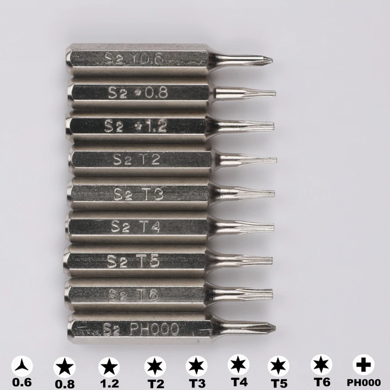 

9pcs H4 Screwdriver Bits 3/25"(4mm) Torx T2 T3 T4 T5 T6 PH000 Pentalobe 0.8/1.2 for iphone X/11/12 Macbook Air/Pro 9PCS