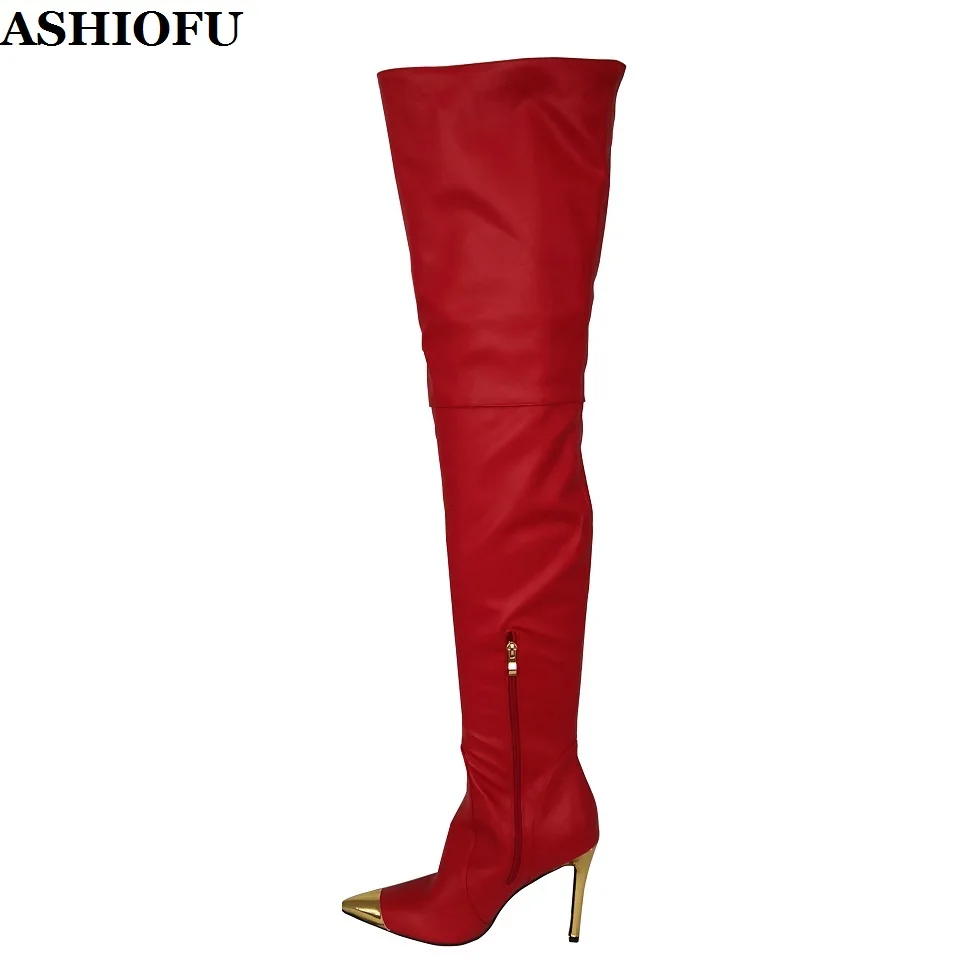 

ASHIOFU Classic Handmade Womens Over Knee Boots Gold Ballets-toe Club Thigh High Boots Evening Dance Fashion Winter Long Boots
