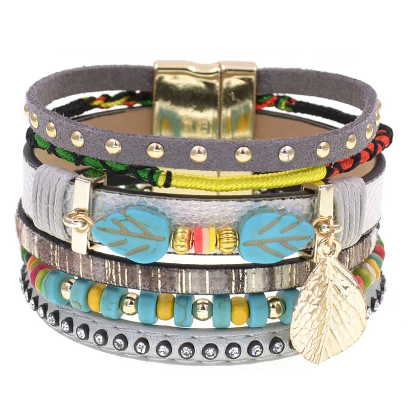 WELLMORE colorful bohemia bracelets for women leaf stone beaded leather bracelet charm Bracelets Female fashion Jewelry