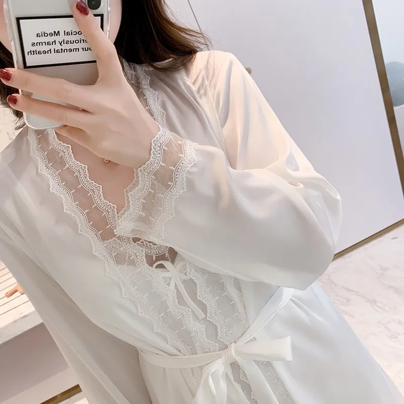 SEXY White Wedding Robe Nightgown Set Women Sleepwear Lace Trim V-Neck Short Summer Dress Kimono Bathrobe Silk Satin Home Wear