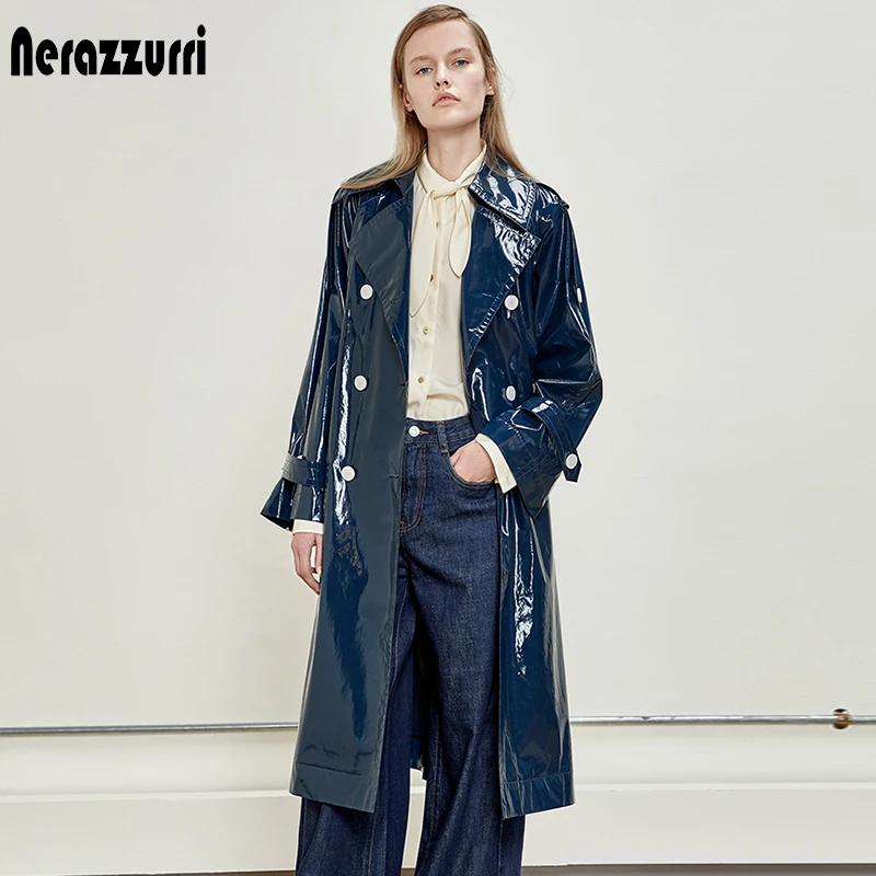 Nerazzurri trench coat reflexivo para mulheres, casaco de couro azul comprido, faixas compridas manga raglan, impermeável, primavera