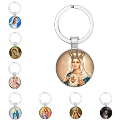 2021 Hot Sale Christian Virgin Mary Glass Dome Keychain Dome Rear Flat Alloy Key Chain Pendant Various Virgin Mary