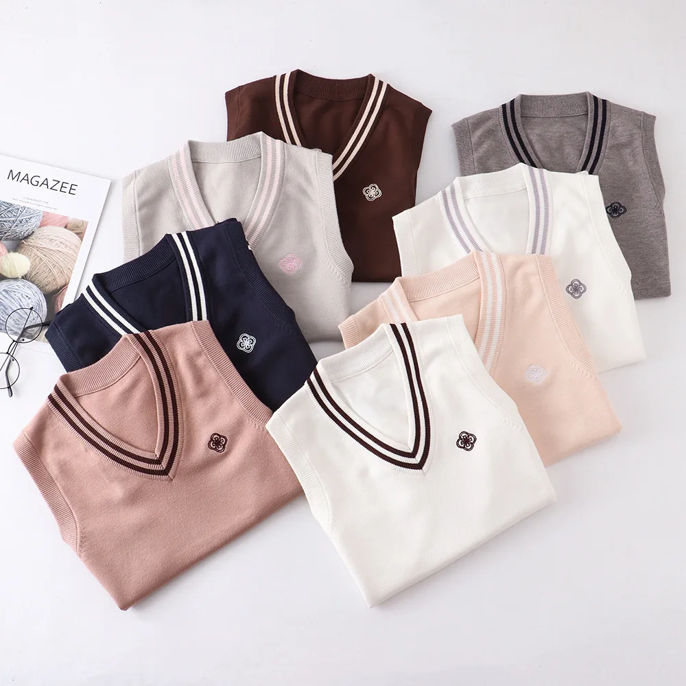 2021 JK sweter kamizelka V Neck College brytyjski japoński Kawaii haftowany wzór kamizelka z dzianiny studenci jednolite School Girl sweter