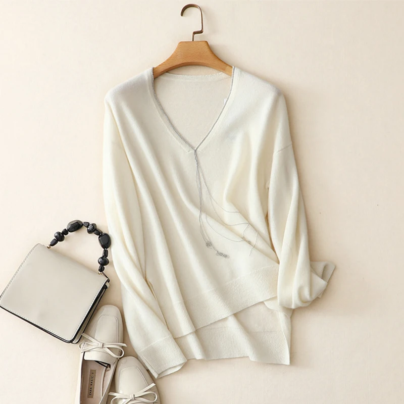 high quality 100% pure cashmere sweater women v neck oversized fashion casual white pullovers