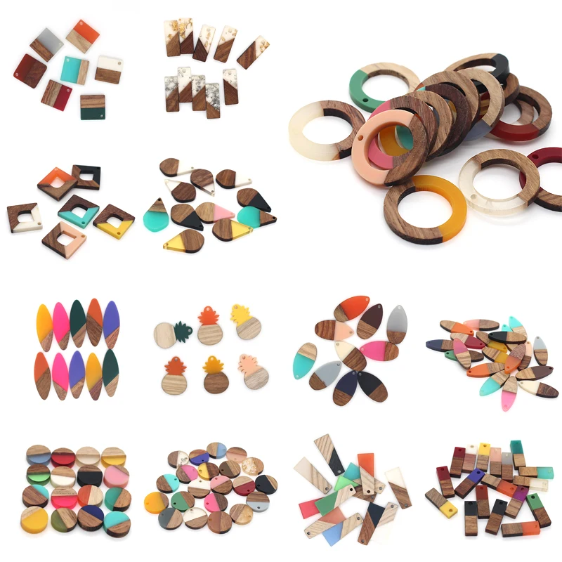 6pcs Mix Natural Wood Resin Geometric Charms For Earring Bracelet Connectors Findings DIY Pendants Flatback Vintage Jewelry Make