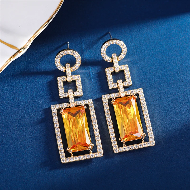 EYER Luxury Delicate Blue Cubic Zircon Square Drop Big Yellow CZ Crystal Shiny Earrings for Women Unique Geometric Party Jewelry