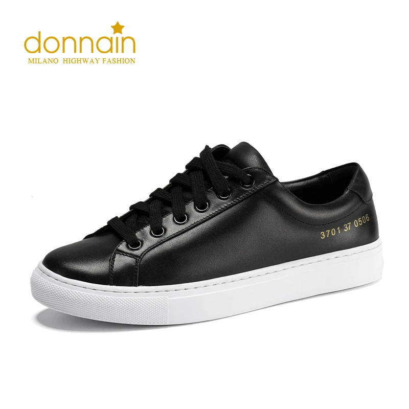 DONNAIN Classic Black Natural Calfskin Women Shoes High Quality Genuine Leather Casual Sneakers Rubber Sole Breathable Tennis