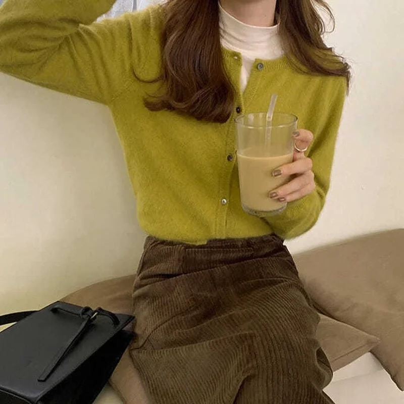 O-neck Casual Cardigan Women Simple Solid Elegant Cropped Tops Female Spring Fall Clothing Soft Korean Style New Outerwear Retro