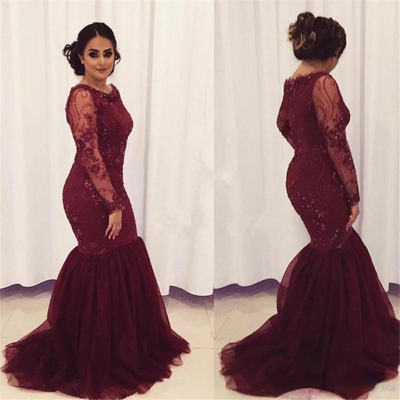 Elegant Mermaid Mother of the Bride Dresses Long Sleeves Lace Applique Tulle Beaded Floor Length Plus Size Wedding Evening Dress