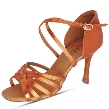 탑 댄스 신발 라틴 샌들 볼룸 댄스 게임 운동 직업 땀 깔창 소 가죽 새틴 여성 BD 216 AWL 힐 8.5 Cm