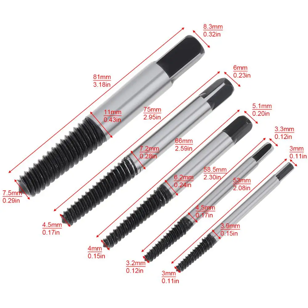 5pcs High Carbon Steel Screw Extractor Set Easy Out Drill Bits with Plastic Box for Removing Damaged Screw Broken Bolts