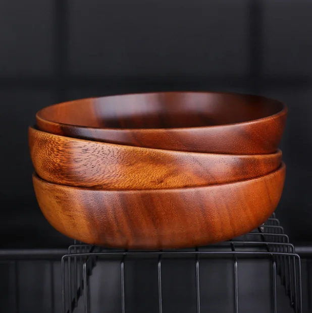 

Japan Style Whole Wood Flat Bottom Salad Bowl Adult Round Solid Color Large Acacia Wood Tableware