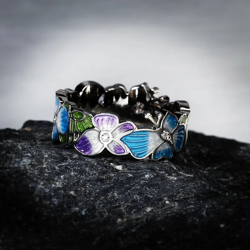 Luxury 925 Silver Handmade Enamel Blue Dripping Oil Butterfly Flower Ring Exquisite Jewelry Party For Ladies