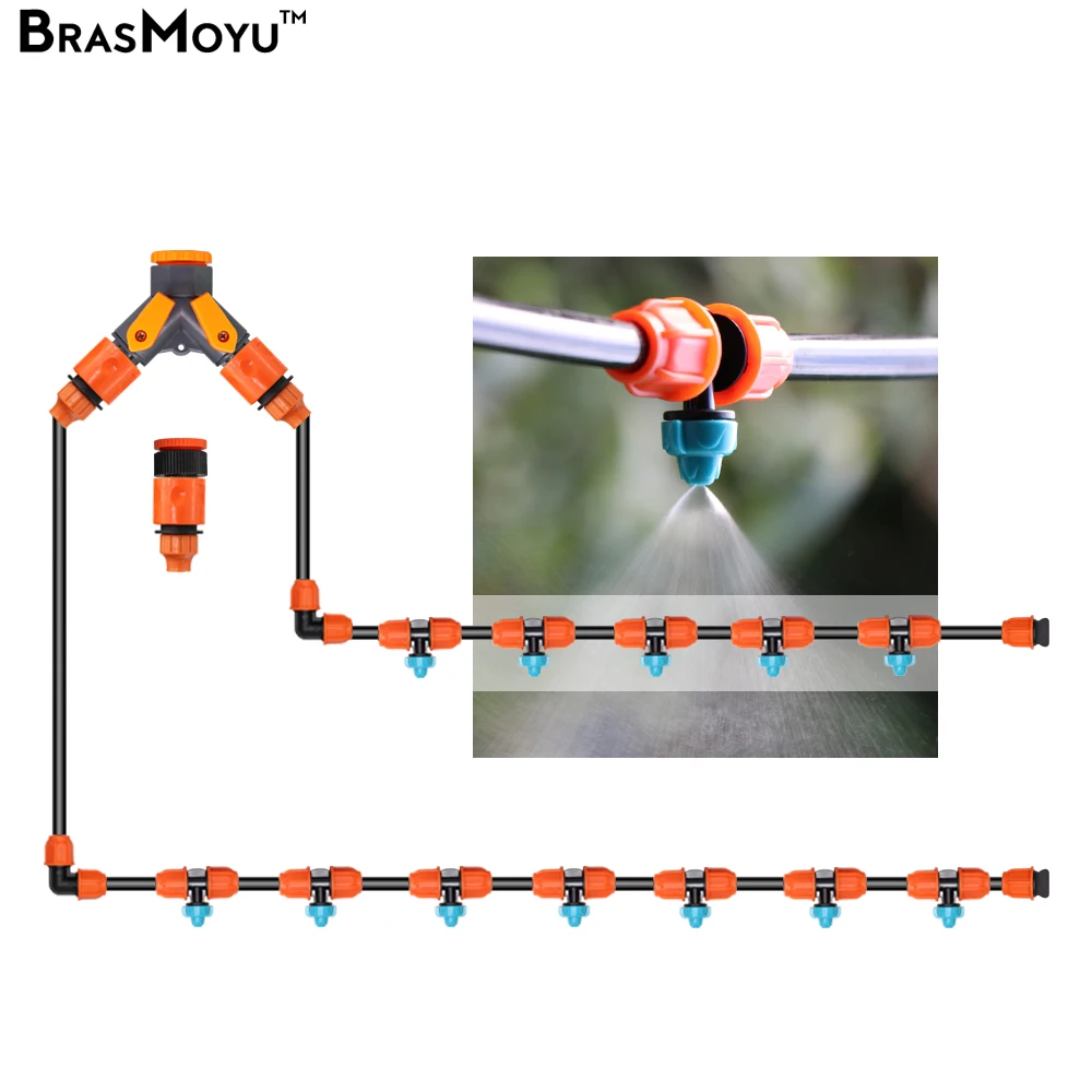 BRASMOYU 5-30M 8/11MM 2-IN-1 Orange Garden Misting Cooling Watering System Yard Summer Irrigation Kits Gardening 3/8'' Tubing