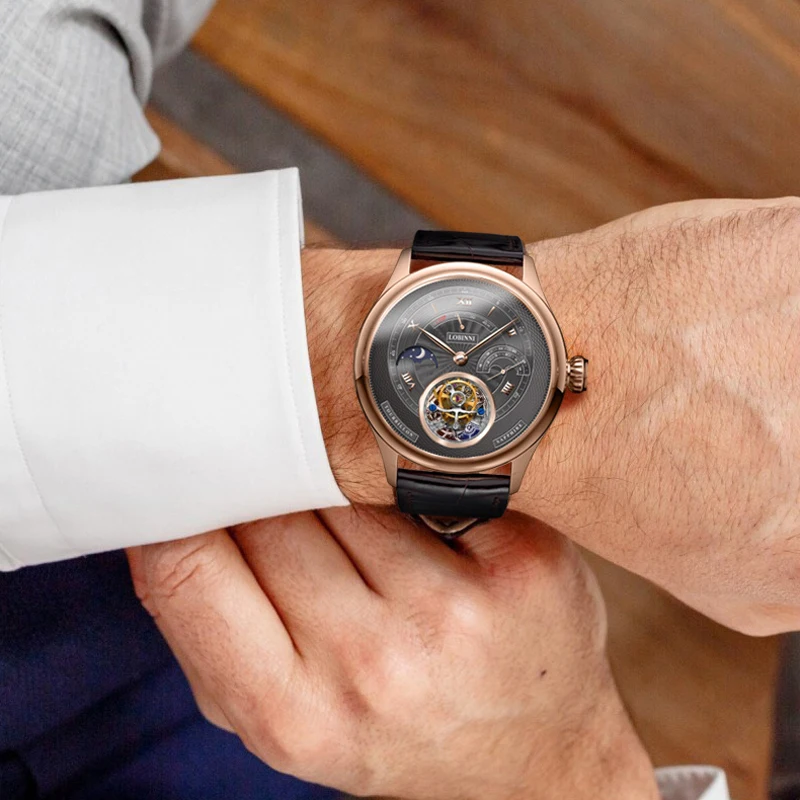 LOBINNI ريال توربيون ساعة اليد الفاخرة رجالي حركة النورس الساعات الميكانيكية رجل الأيدي ساعة دليل ساعات الرياح