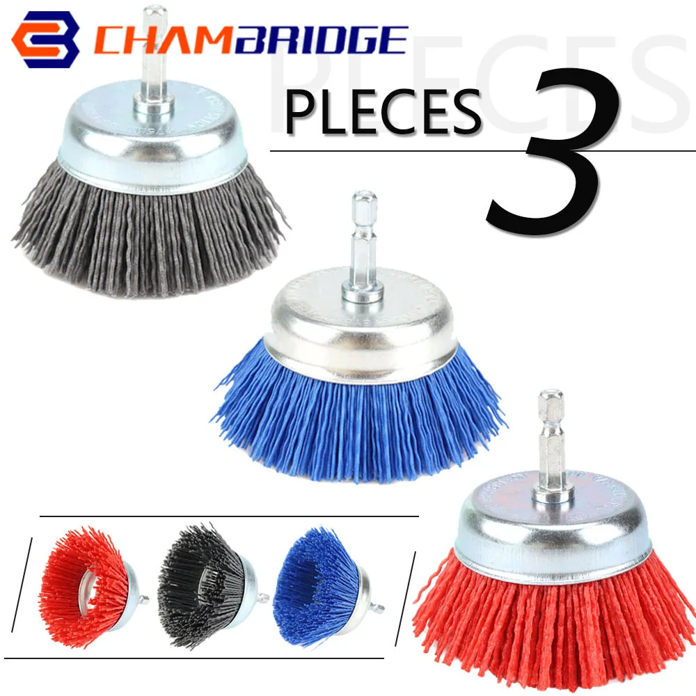 1/3PC 3inch 75mm Nylon Cup Brush Abrasive Wire Wheel Brush 1/4inch Hexagonal Shank Metal Wood Polishing Cleaning Rotary Tools