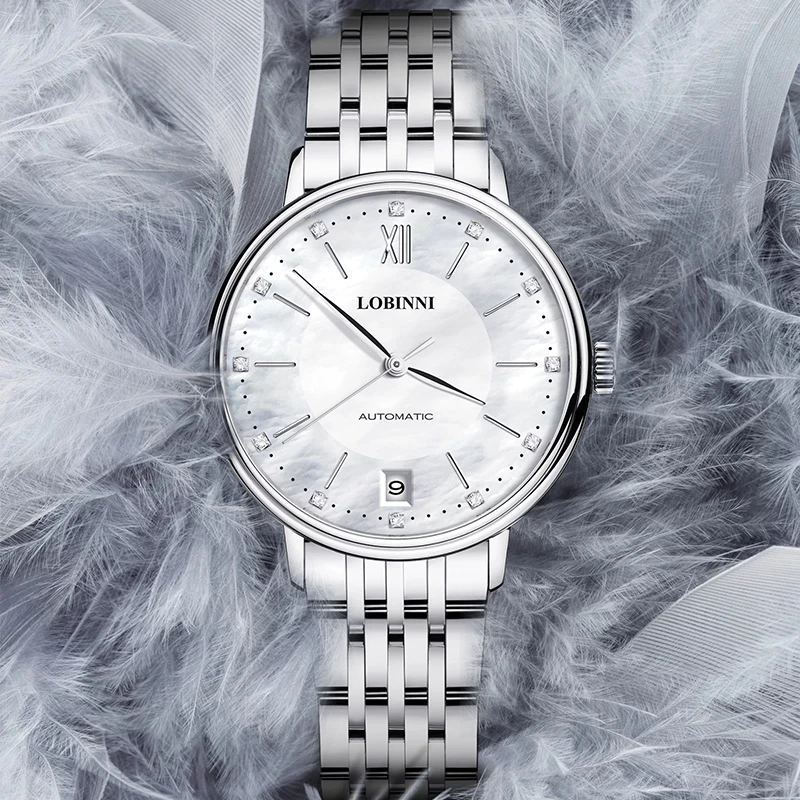 Reloj mecánico automático LOBINNI elegante a la moda para mujer, correa de acero inoxidable plateada, reloj resistente al agua con diamantes para mujer